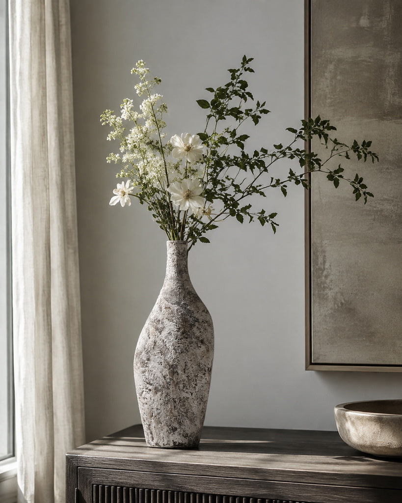 Weathered Gray Tall Stone-Textured Sculptural Vase - 15.4"