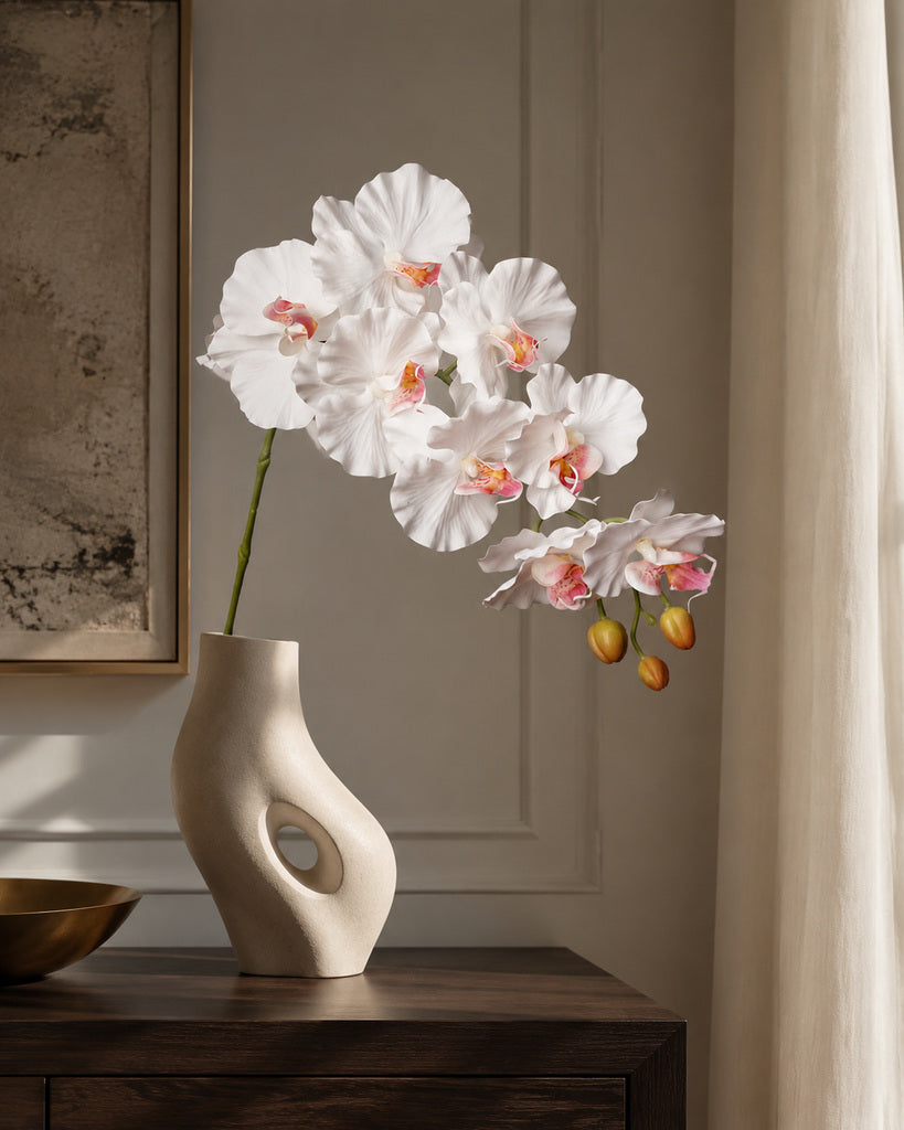 White Red-Center Dream 9-Head Artificial Phalaenopsis Orchid Stem