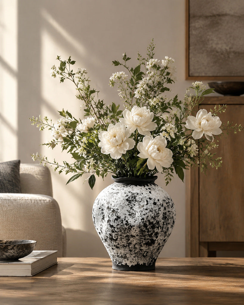 Snow-Covered Black Mottled Textured Vase - 10.6"