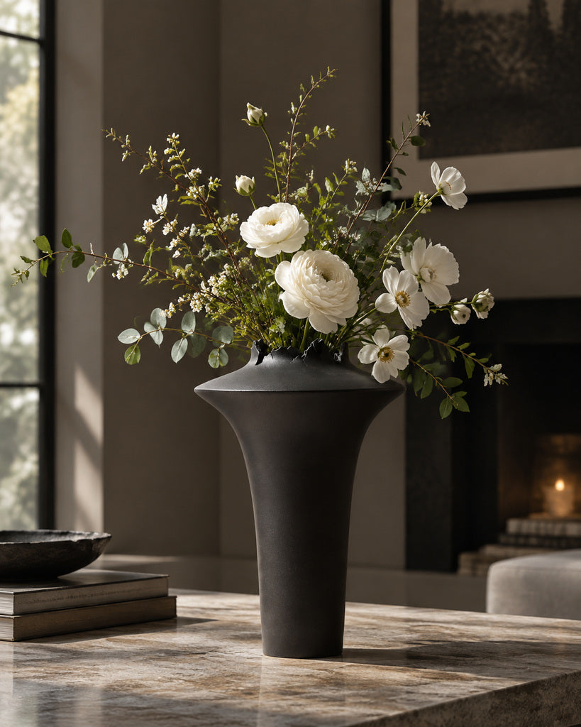 Matte Black Jagged-Rim Sculptural Vase - 14.2"