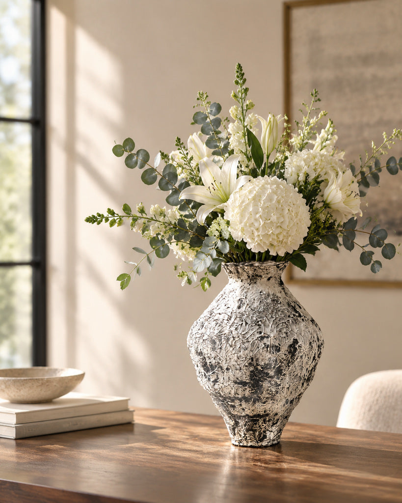 Iron Black & White Wide-Bodied Raised-Texture Vase - 12.2"