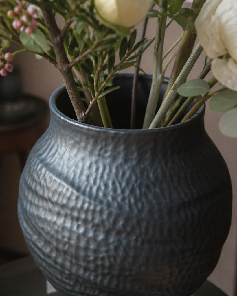 Carbon Black Wide-Mouth Textured Ceramic Vase - 13"