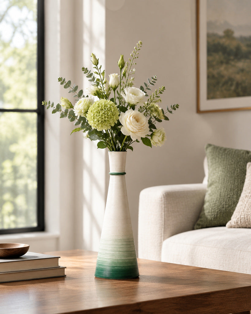 White & Sage Green Tall Ribbed Tapered Sculptural Vase - 14.7"