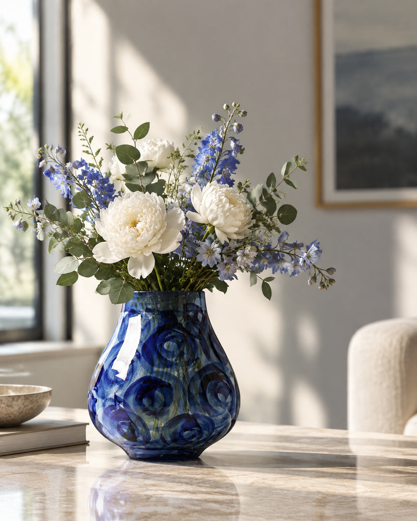 Blue & White Circular Brushstroke Wide-Bodied Vase - 10.6"