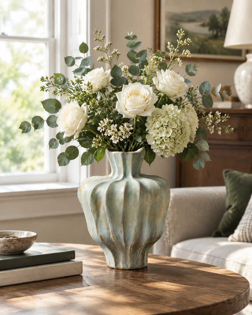 Seafoam Gray Seashell-Curve Hand-Glazed Ceramic Vase - 12.2"