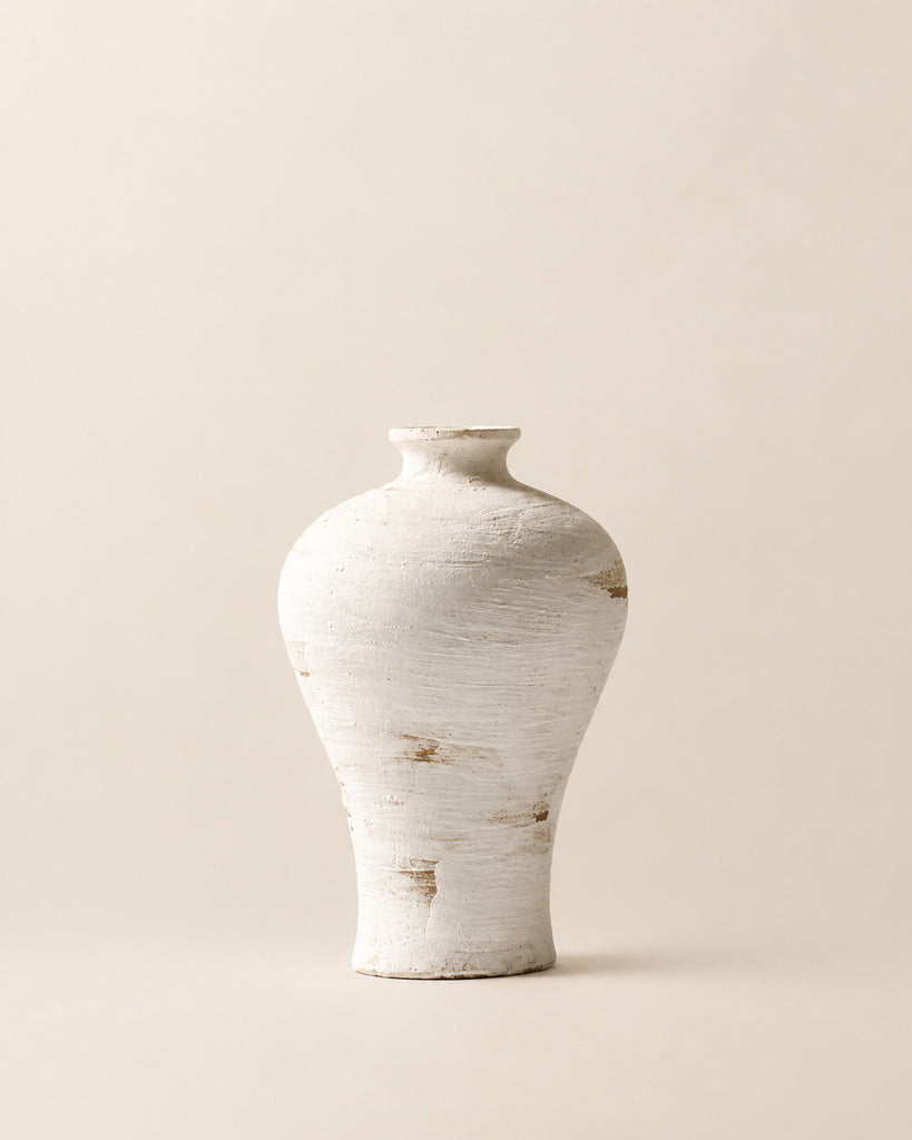 Hand-Glazed Ivory Brush-Textured Sculptural Vase - 8.9"