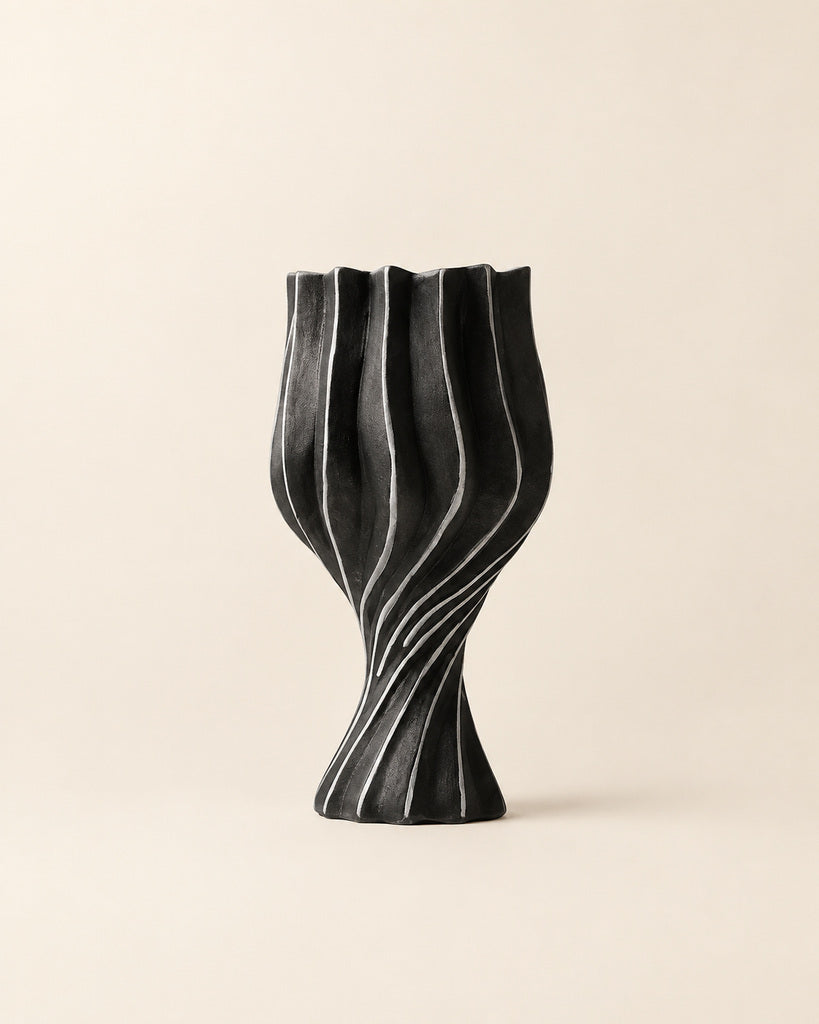Black & White Twisted-Rib Sculptural Vase - 10.2"