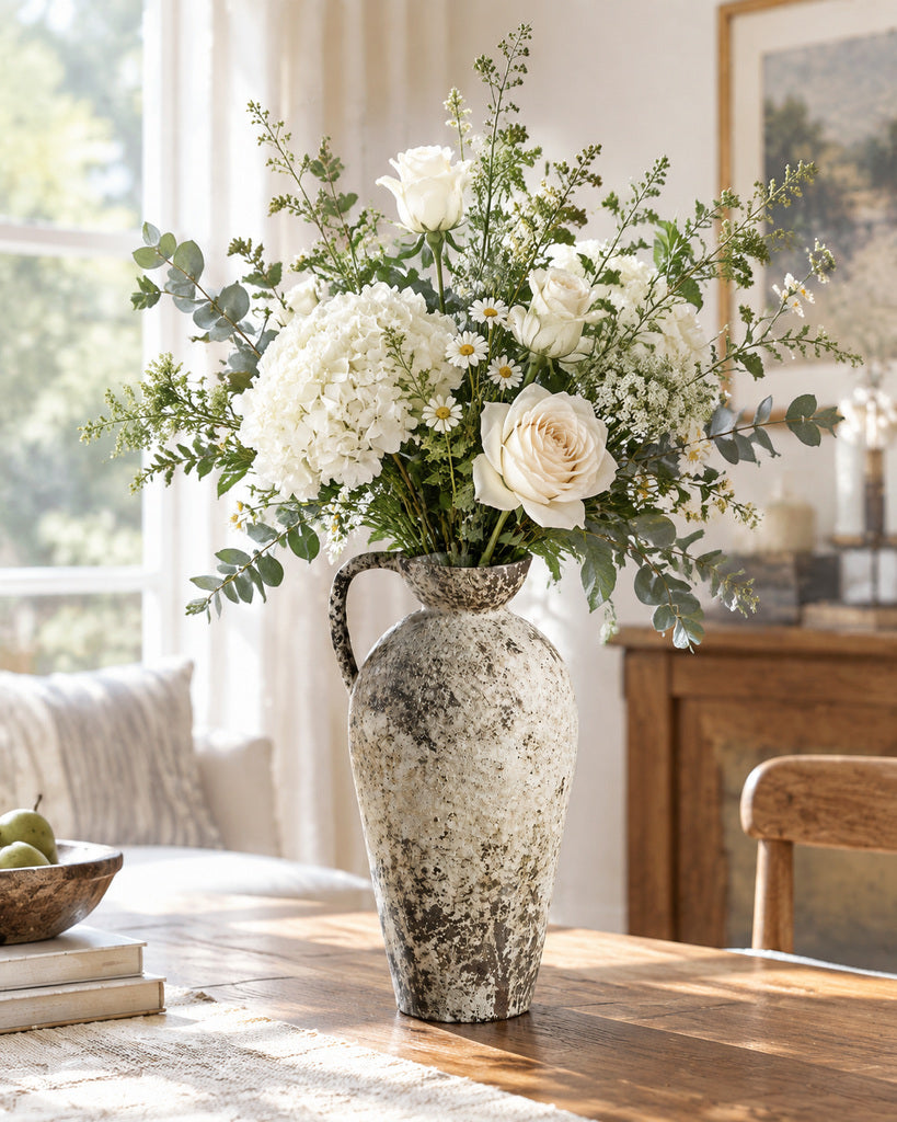 Weathered Ivory Single-Handle Bowl-Rim Earthenware Vase - 14.2"