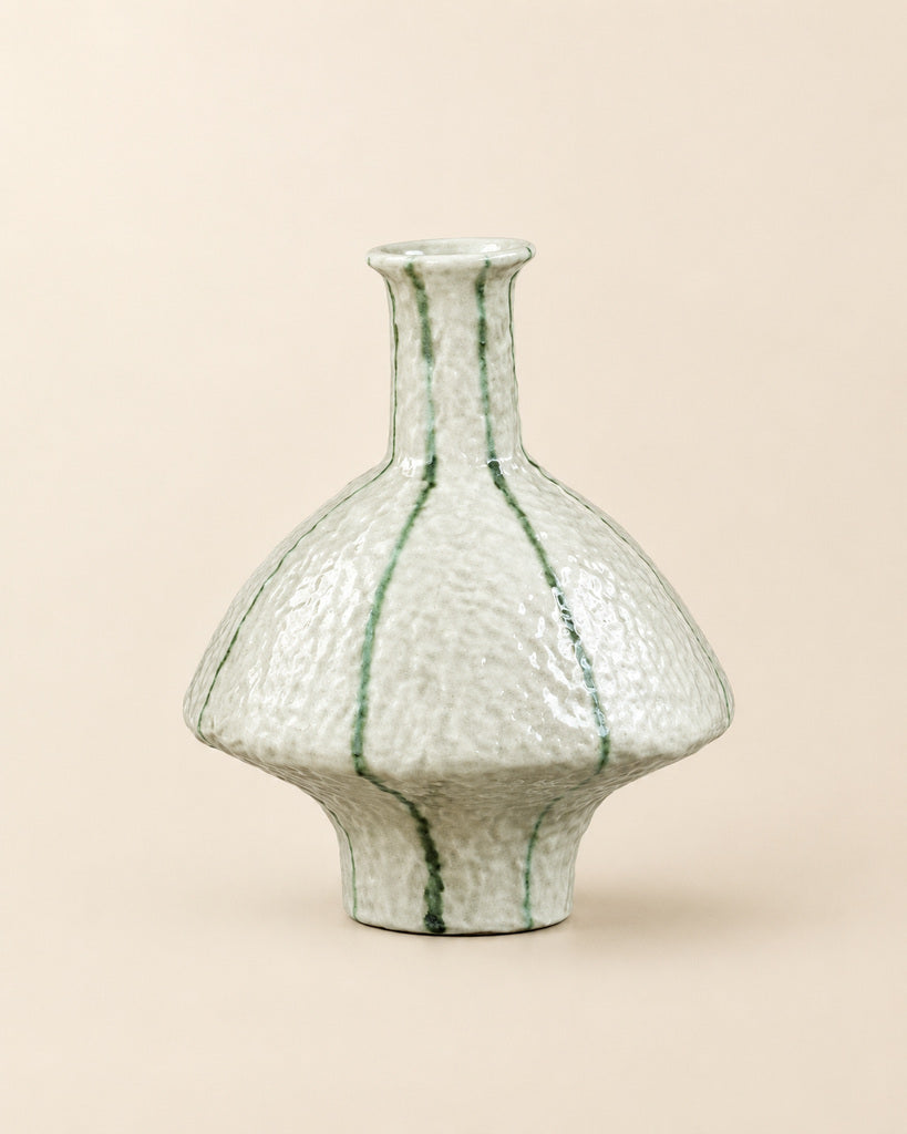 Ivory Green-Striped Wide-Bodied Textured Sculptural Vase - 11.4"