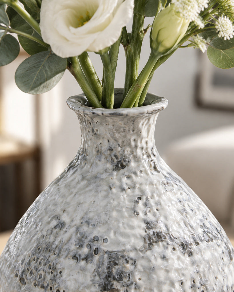Vintage Distressed White Frost Ceramic Vase - 11.6"