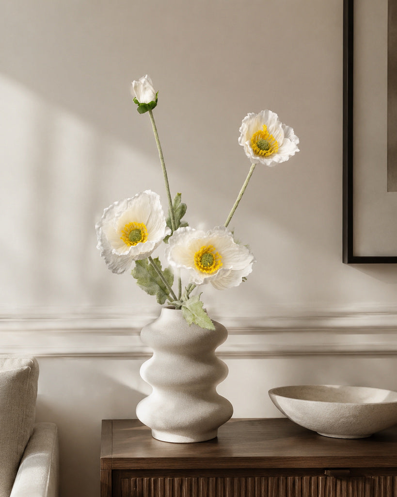 White Fabric Artificial Poppy Spray - 64 cm