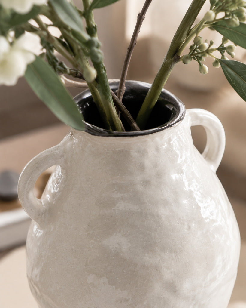 White Double-Handle Textured Ceramic Vase with Black Rim - 9.4"