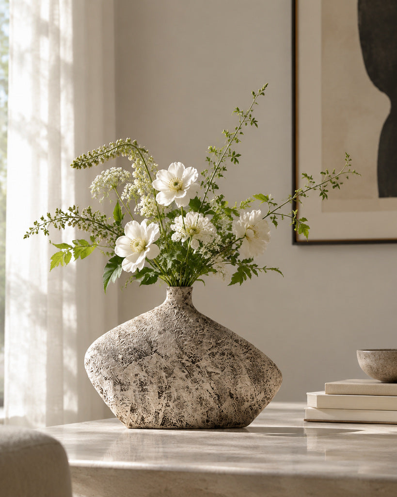 Weathered Gray Stone-Textured Sculptural Vase - 9.8"