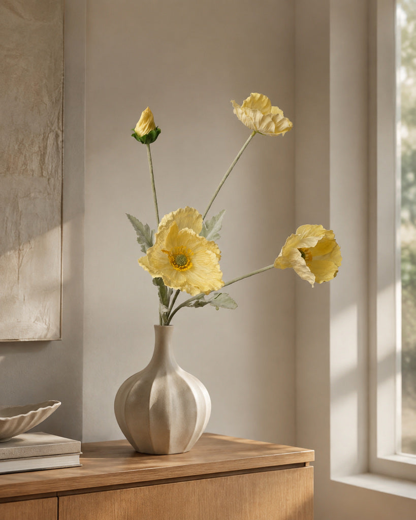 Light Yellow Fabric Artificial Poppy Spray - 64 cm