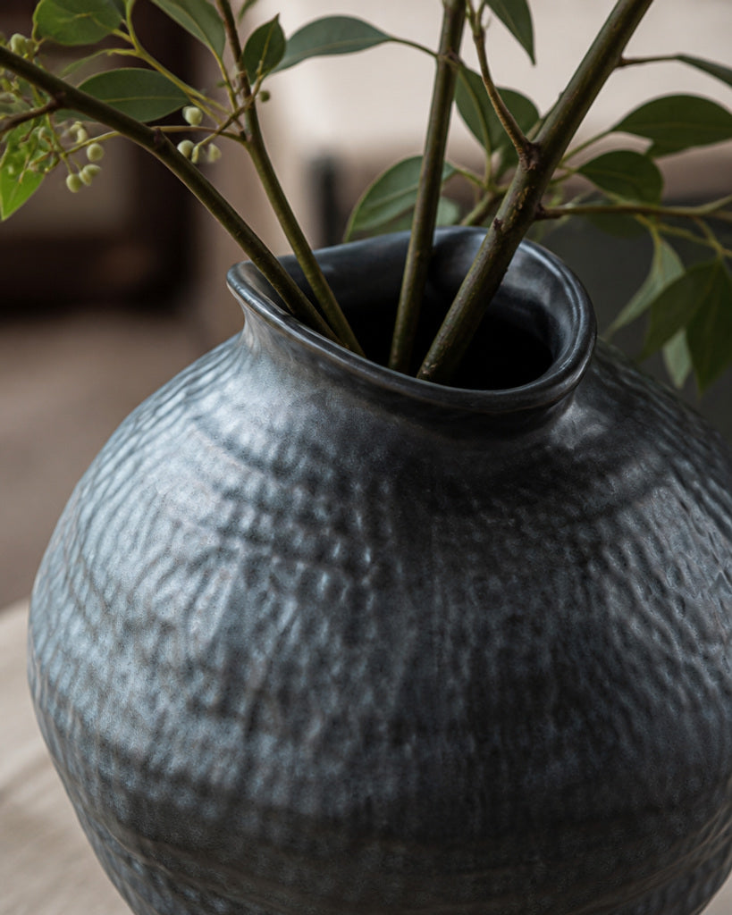 Carbon Black Irregular Rim Textured Ceramic Vase - 12.2"
