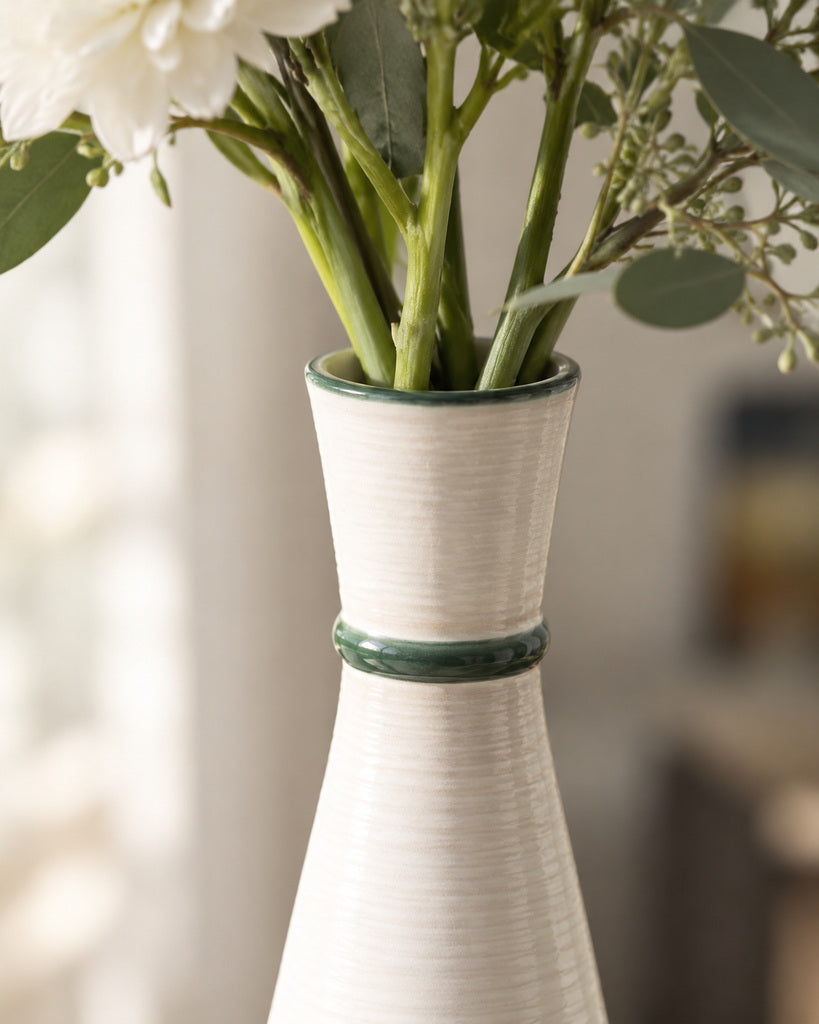 White & Sage Green Tall Ribbed Tapered Sculptural Vase - 14.7"