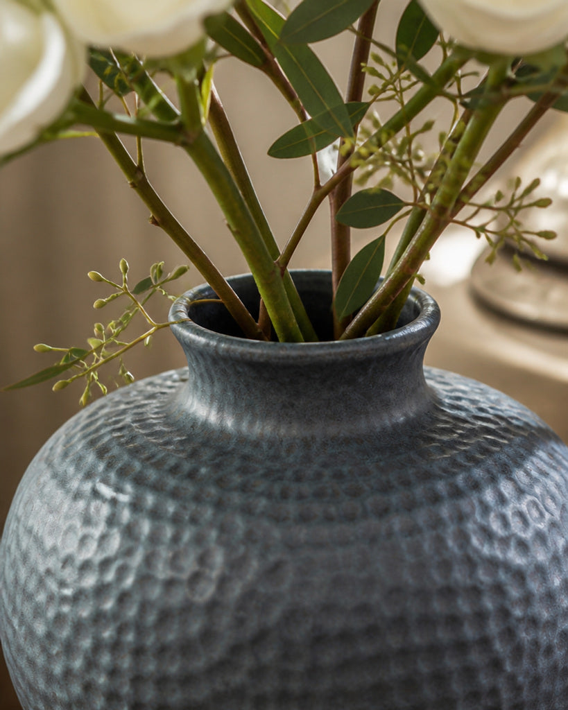 Carbon Black Round Textured Ceramic Vase - 11.8"