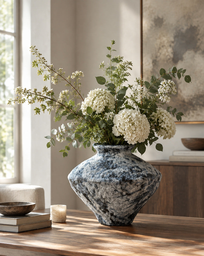 Mottled Blue-Gray Bubble-Textured Ceramic Vase - 9.8"