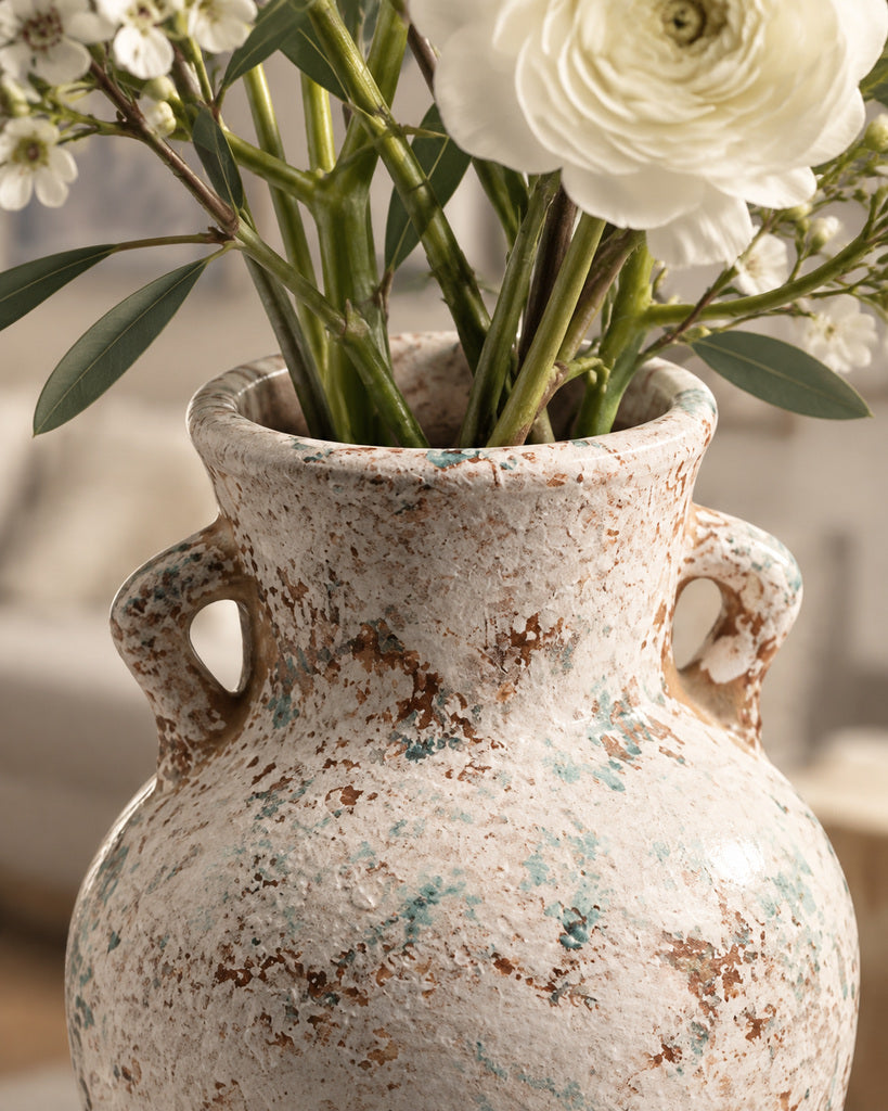 Weathered Ivory Double-Handle Ceramic Vase - 11.4"