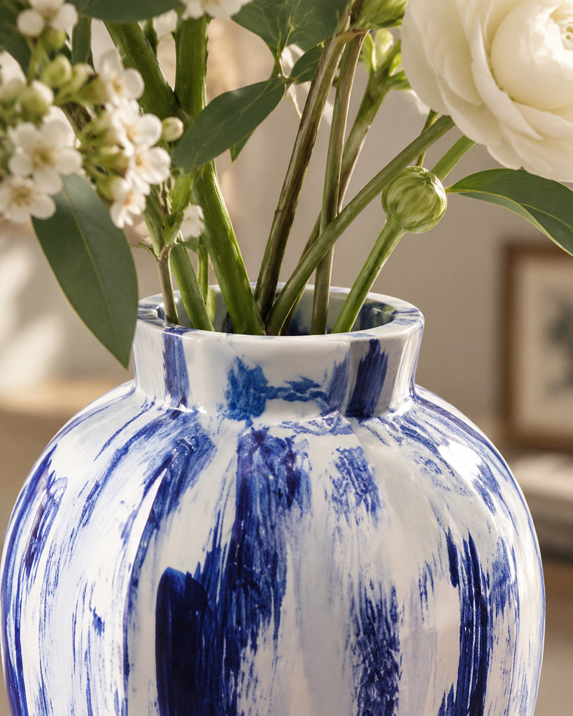 Ivory White & Cobalt Blue Brushstroke Vase - 10.3"