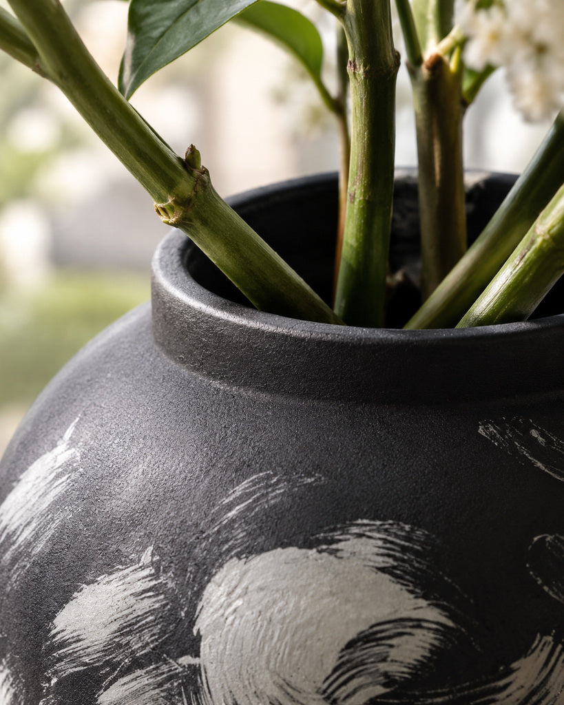 Charcoal Black & White Abstract Brushstroke Rounded Vase - 10.0"