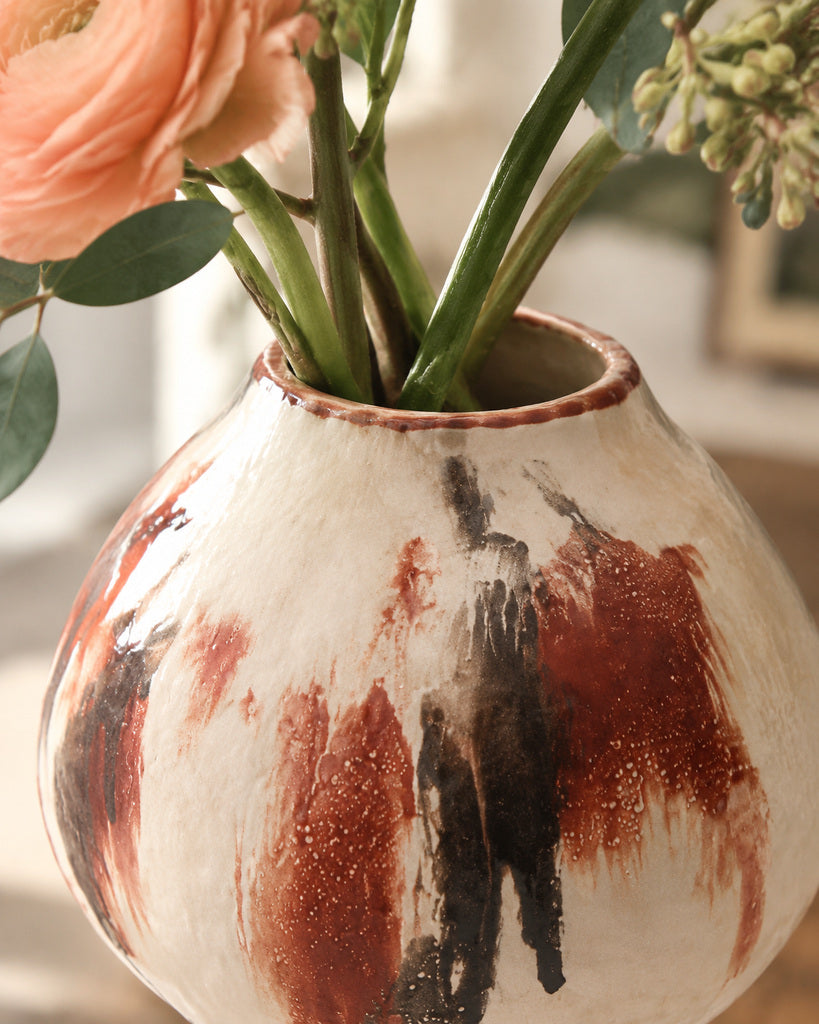 Ivory & Rust Red Organic Brushstroke Sculptural Vase - 11.0"