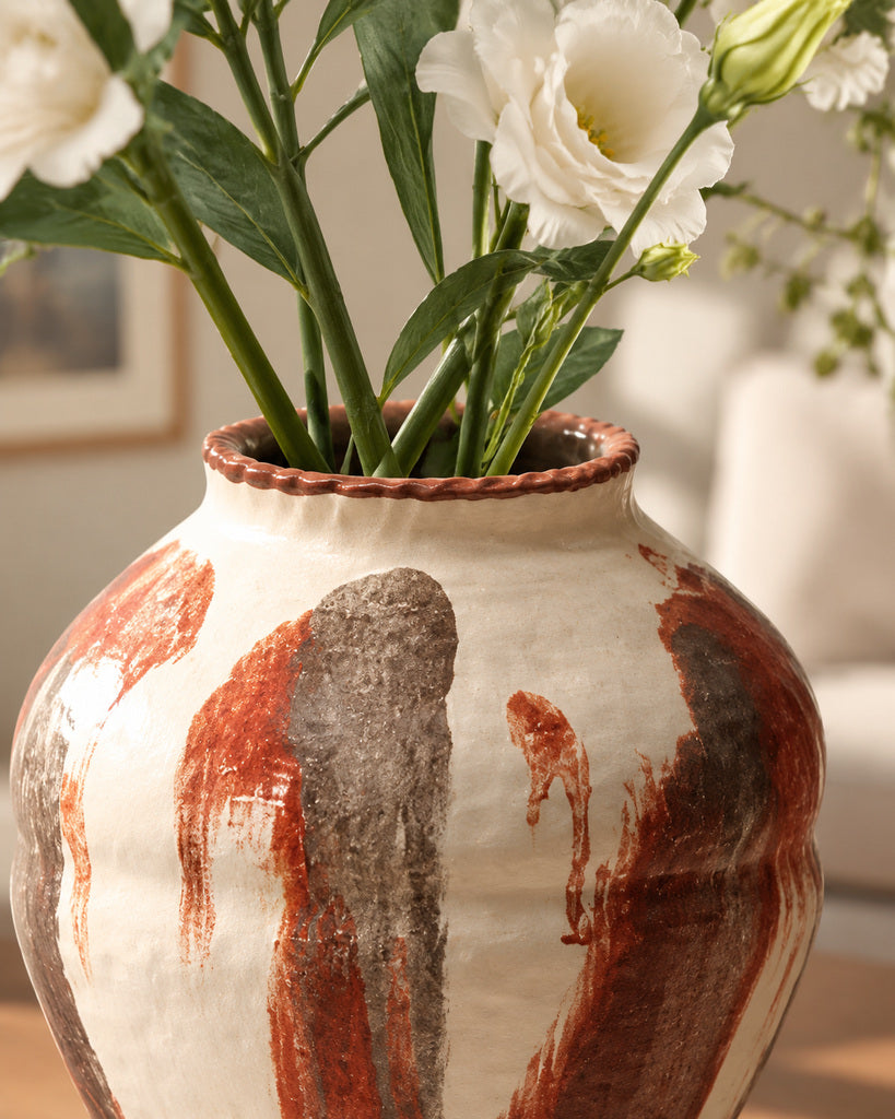 Ivory & Rust Red Brushstroke Sculptural Vase - 10.5"