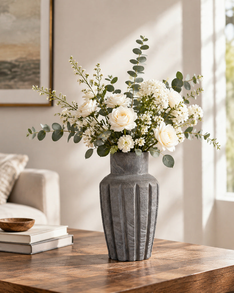 Charcoal Gray Ribbed Handcrafted Wood Vase - 9.1"
