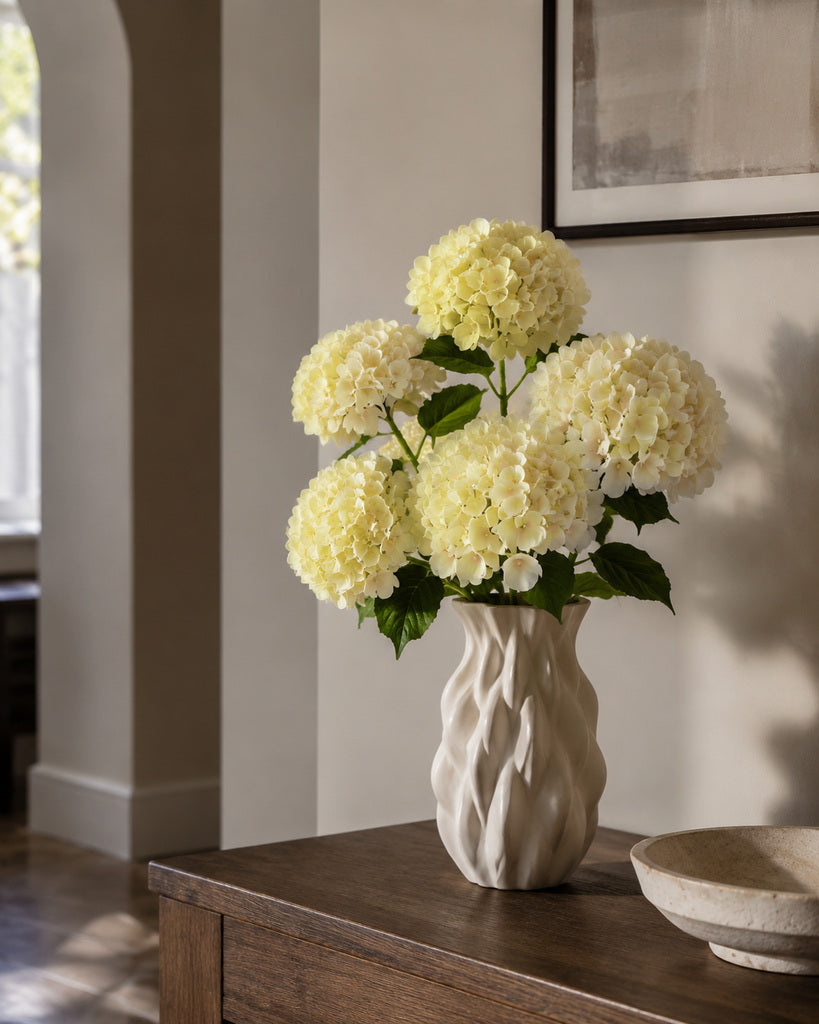 Light Yellow Soft Rubber Artificial Hydrangea Floral Stem - 50 cm