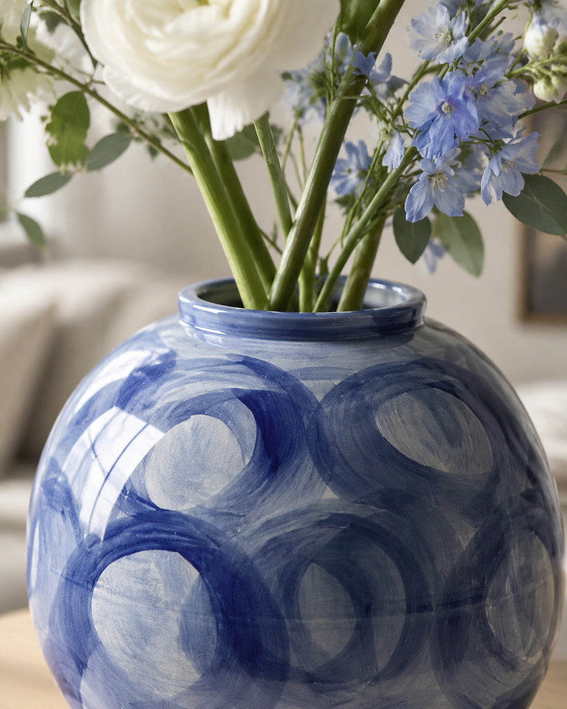 Blue & White Circular Brushstroke Rounded Vase - 11.0"