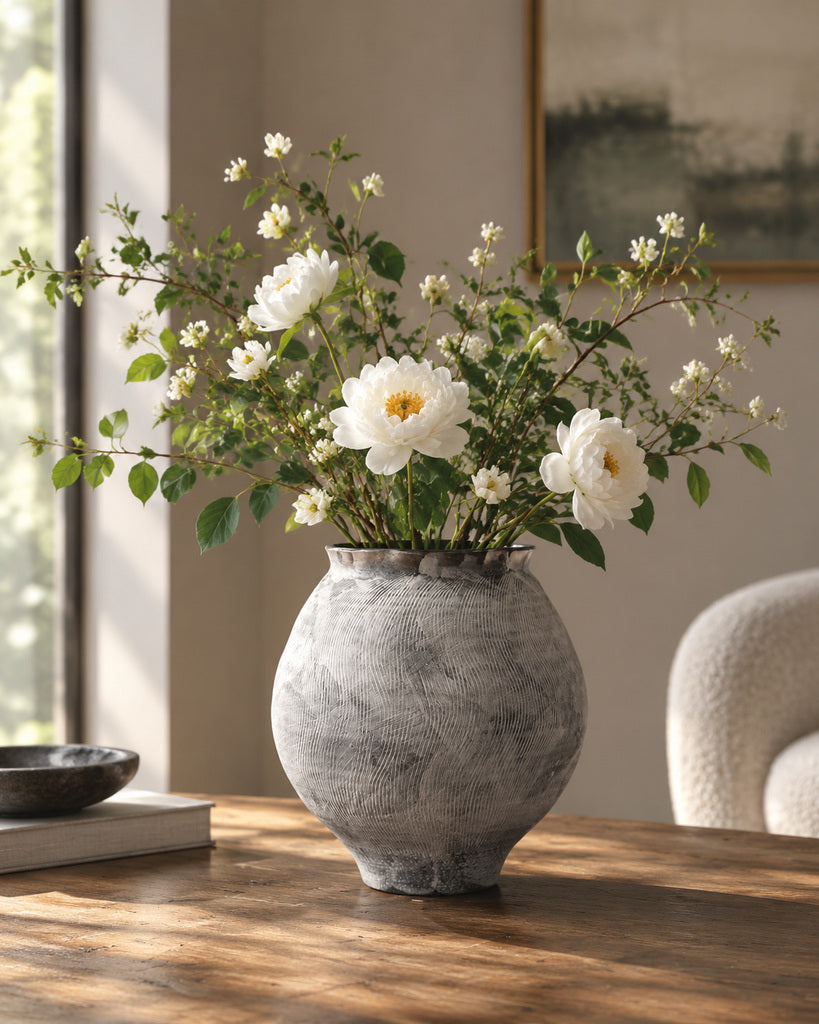 Weathered White Flowing-Line Handmade Ceramic Vase - 10.6"