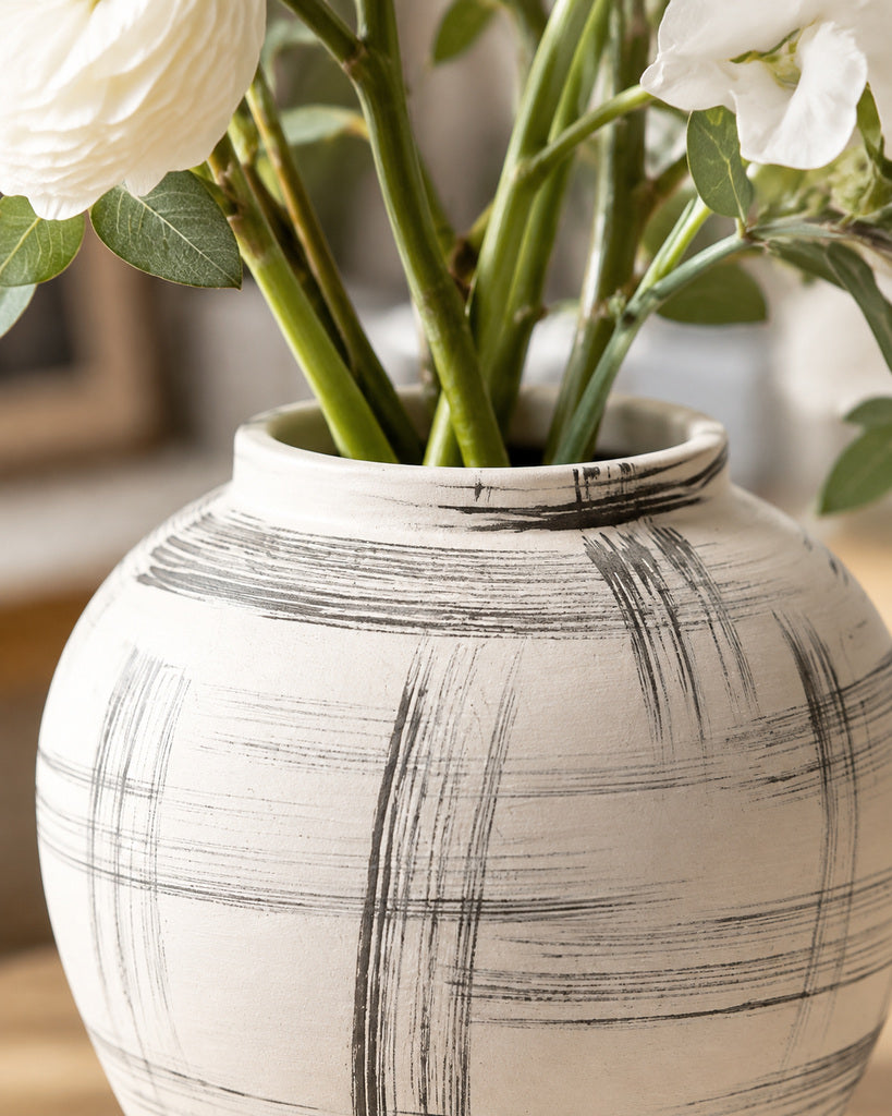 Ivory White & Black Linear Brushstroke Rounded Vase - 10.2"
