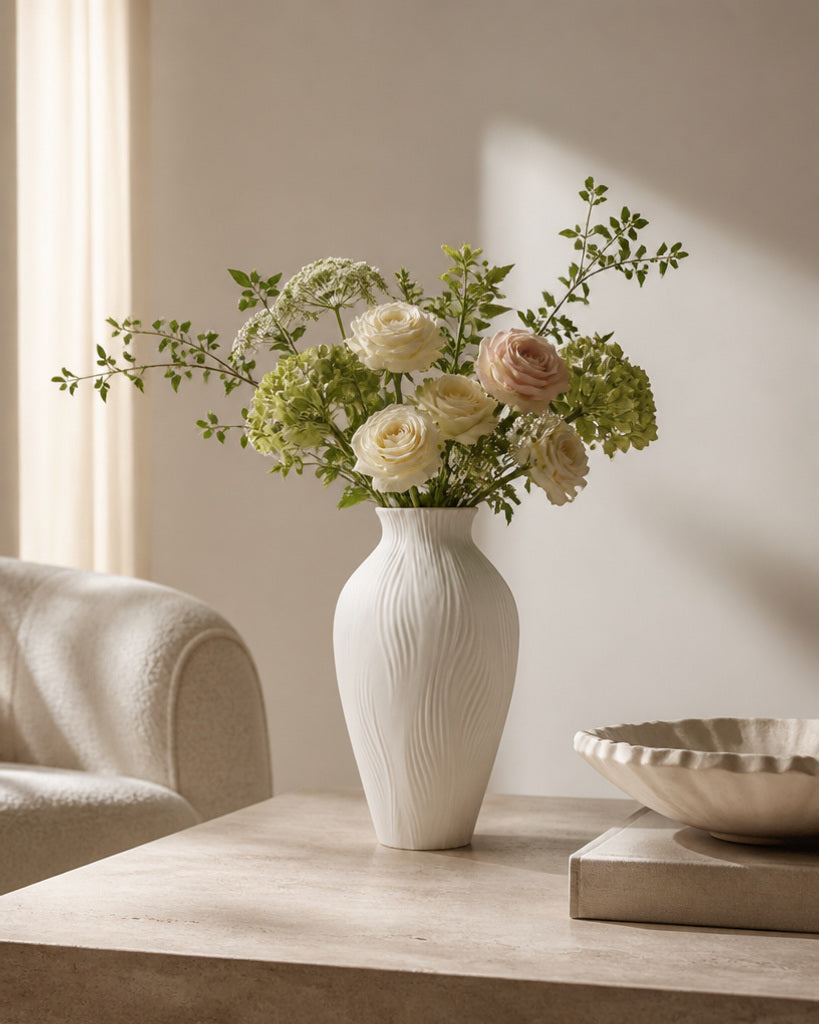 Ivory Flowing Ribbed Ceramic Vase - 11.8"