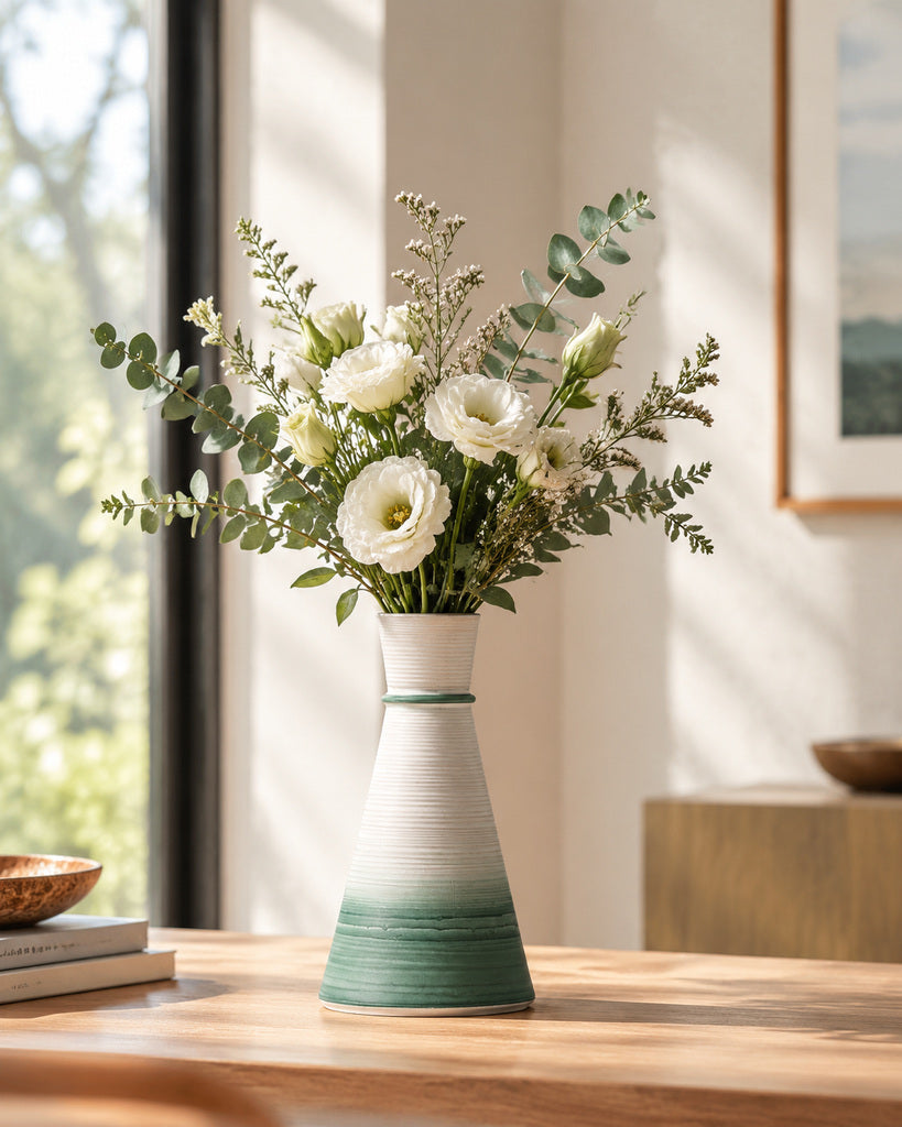 White & Sage Green Ribbed Tapered Sculptural Vase - 10.9"