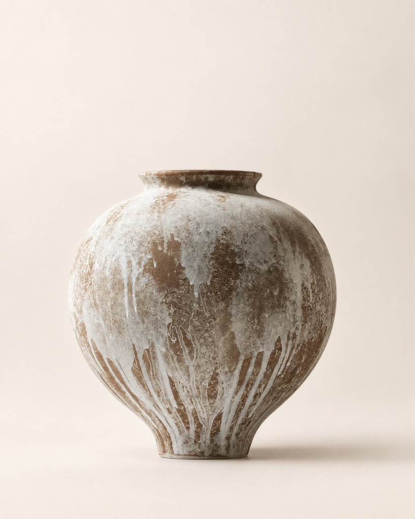 Weathered Taupe & White Wide-Rim Rounded Textured Vase - 11.2"