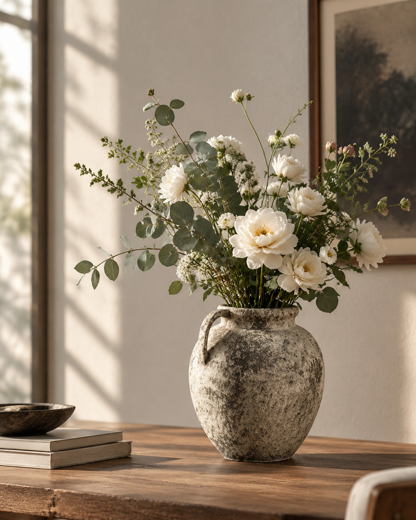 Weathered Ivory Single-Handle Wide-Rim Earthenware Vase - 11.8"