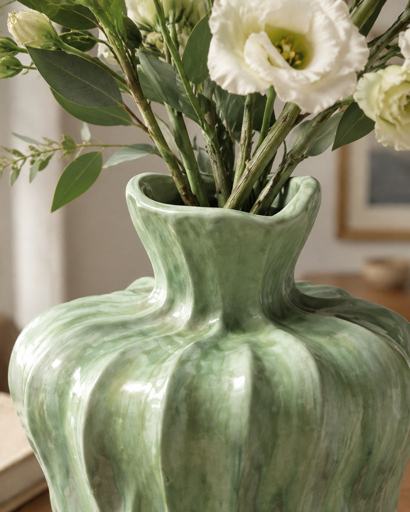 Sage Green Seashell-Curve Hand-Glazed Ceramic Vase - 12.2"
