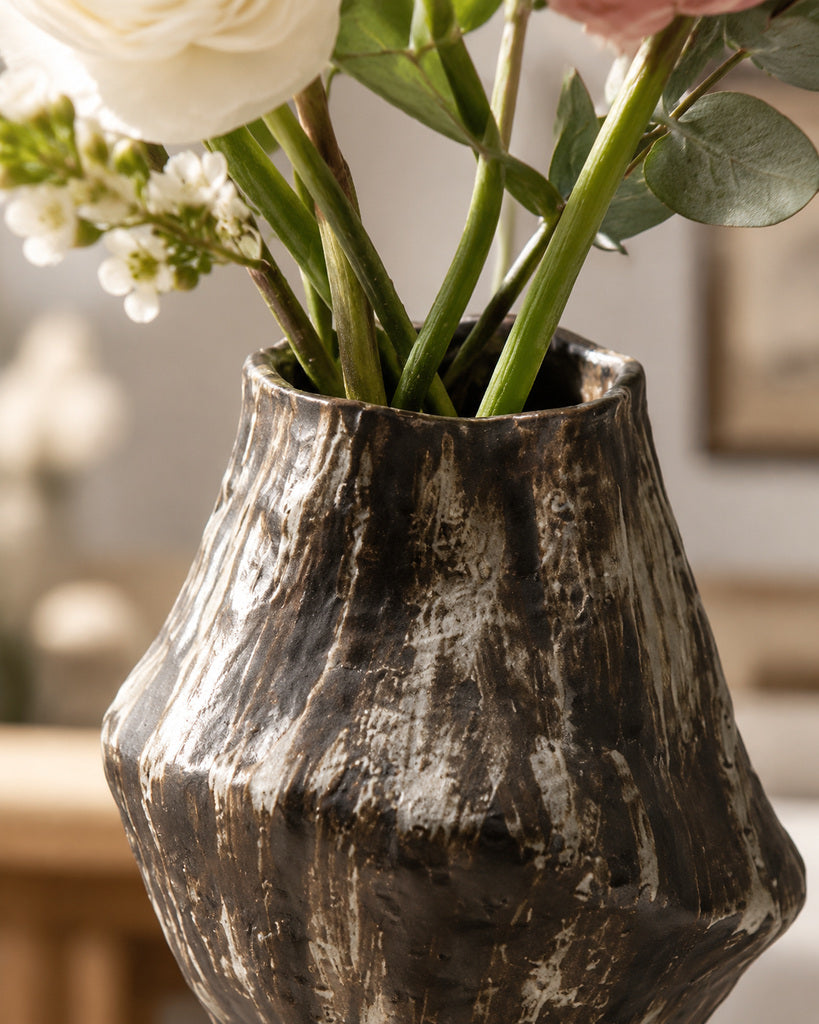 Dark Brown & Ivory Distressed Sculptural Vase - 11.5"