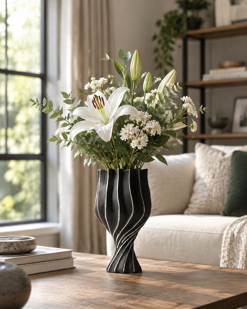 Black & White Tall Twisted-Rib Sculptural Vase - 16.3"
