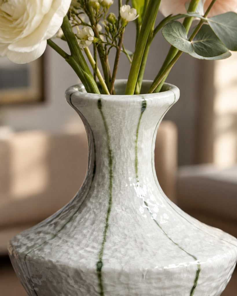 Ivory Green-Striped Textured Sculptural Vase - 11.4"