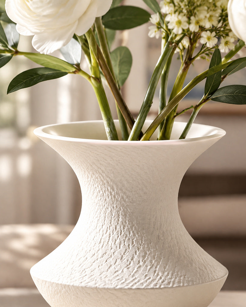 White Hourglass Textured Sculptural Vase - 7.9"