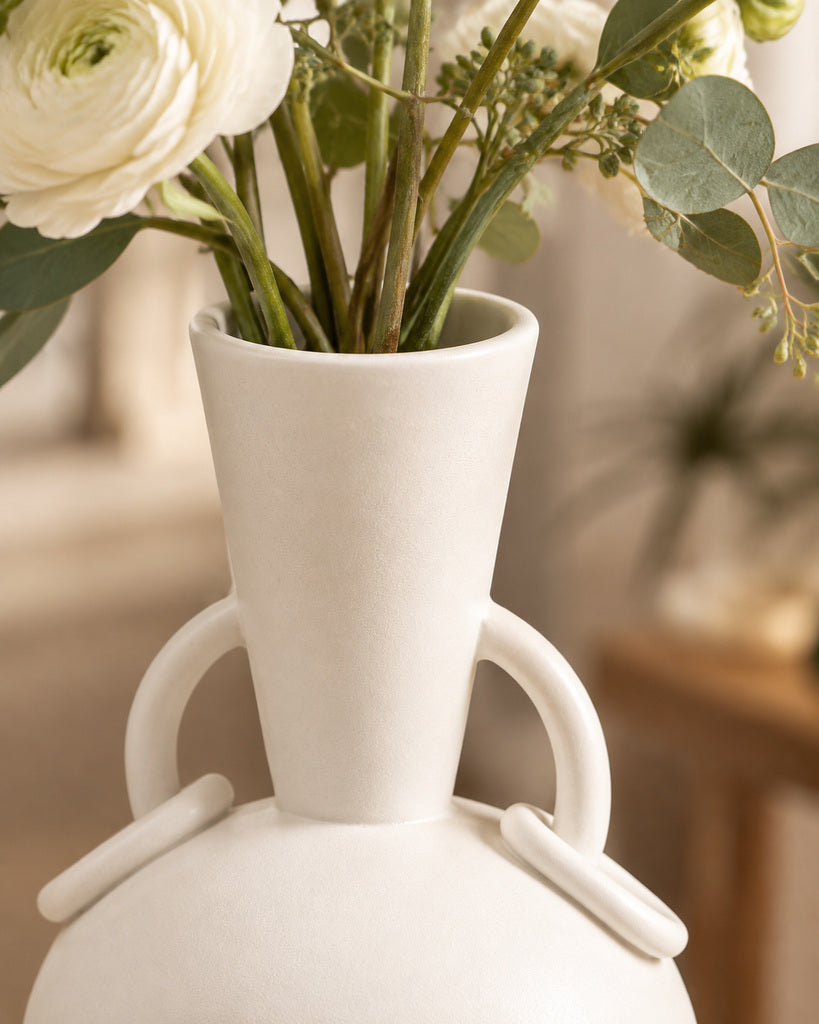 Matte White Double-Handle Rounded Sculptural Vase - 12.0"