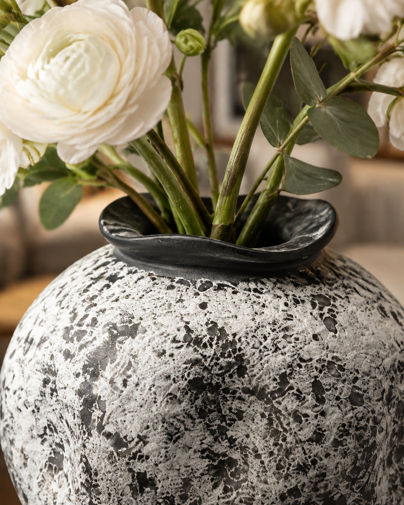 Snow-Covered Black Mottled Textured Vase - 10.6"