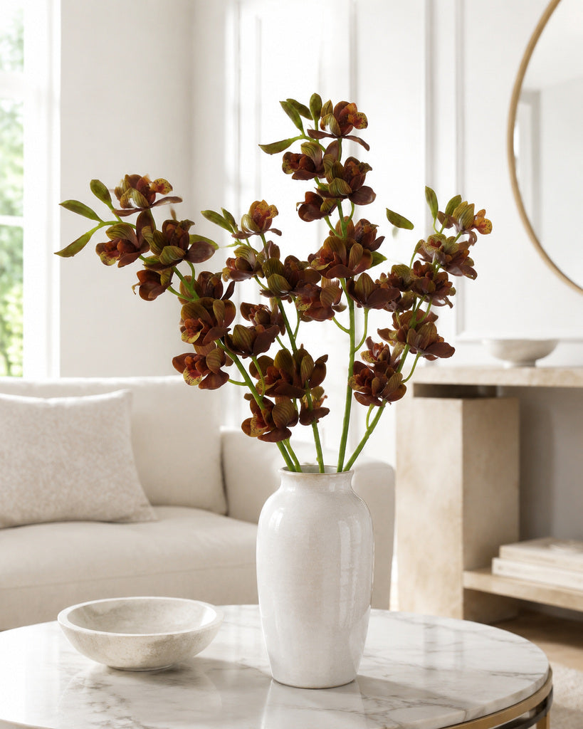 Coffee Brown Soft Rubber Artificial Cymbidium Orchid Spray - 70 cm
