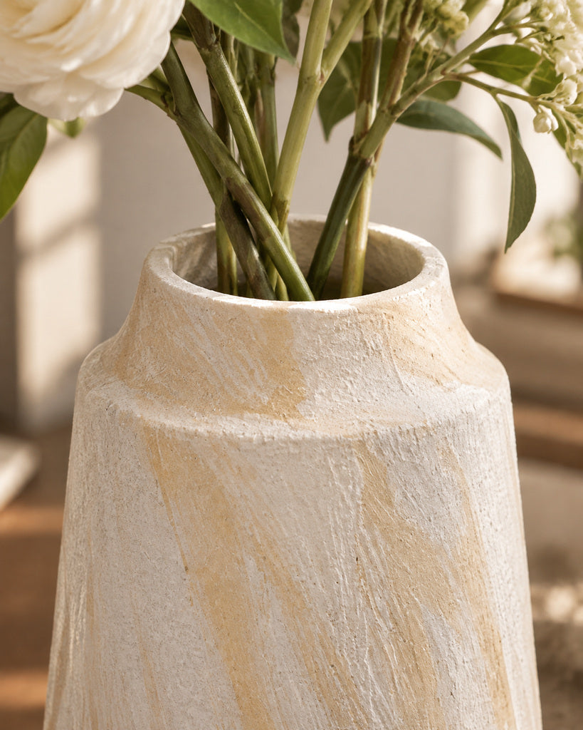 Warm Ivory Brushstroke Textured Tall Vase - 9.8"