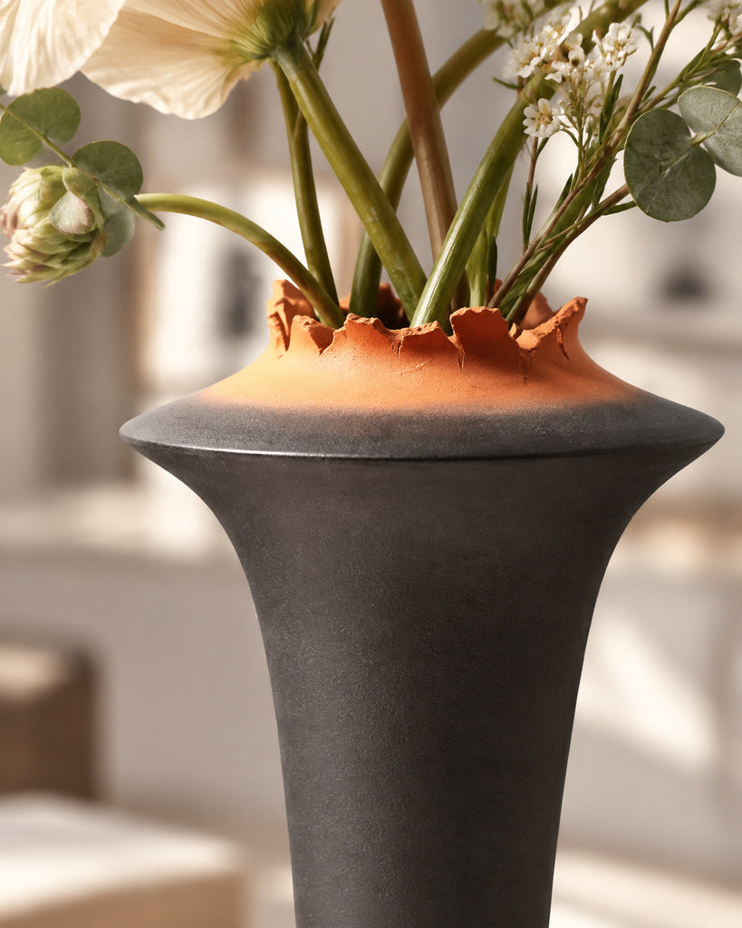 Black & Burnt Orange Jagged-Rim Sculptural Vase - 14.2"