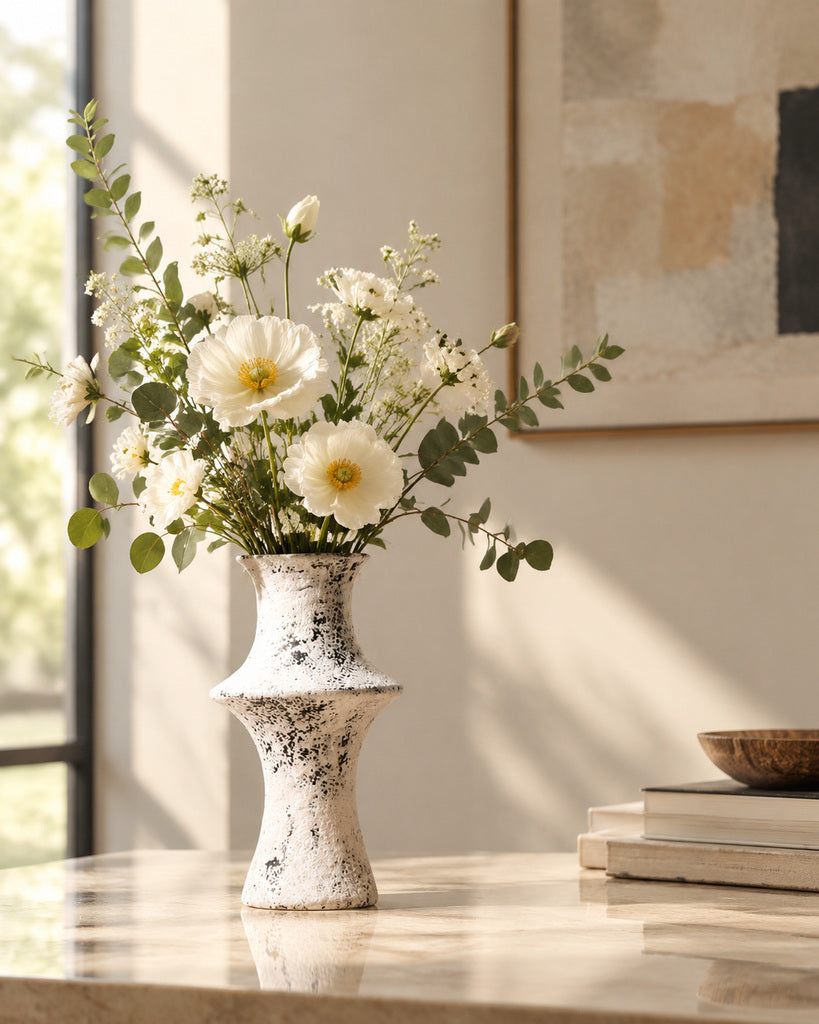Weathered Ivory Spindle-Form Textured Sculptural Vase - 9.8"