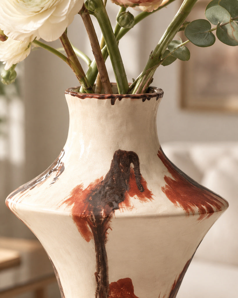Ivory & Rust Red Angular Brushstroke Sculptural Vase - 10.9"