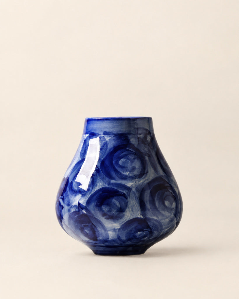 Blue & White Circular Brushstroke Wide-Bodied Vase - 10.6"