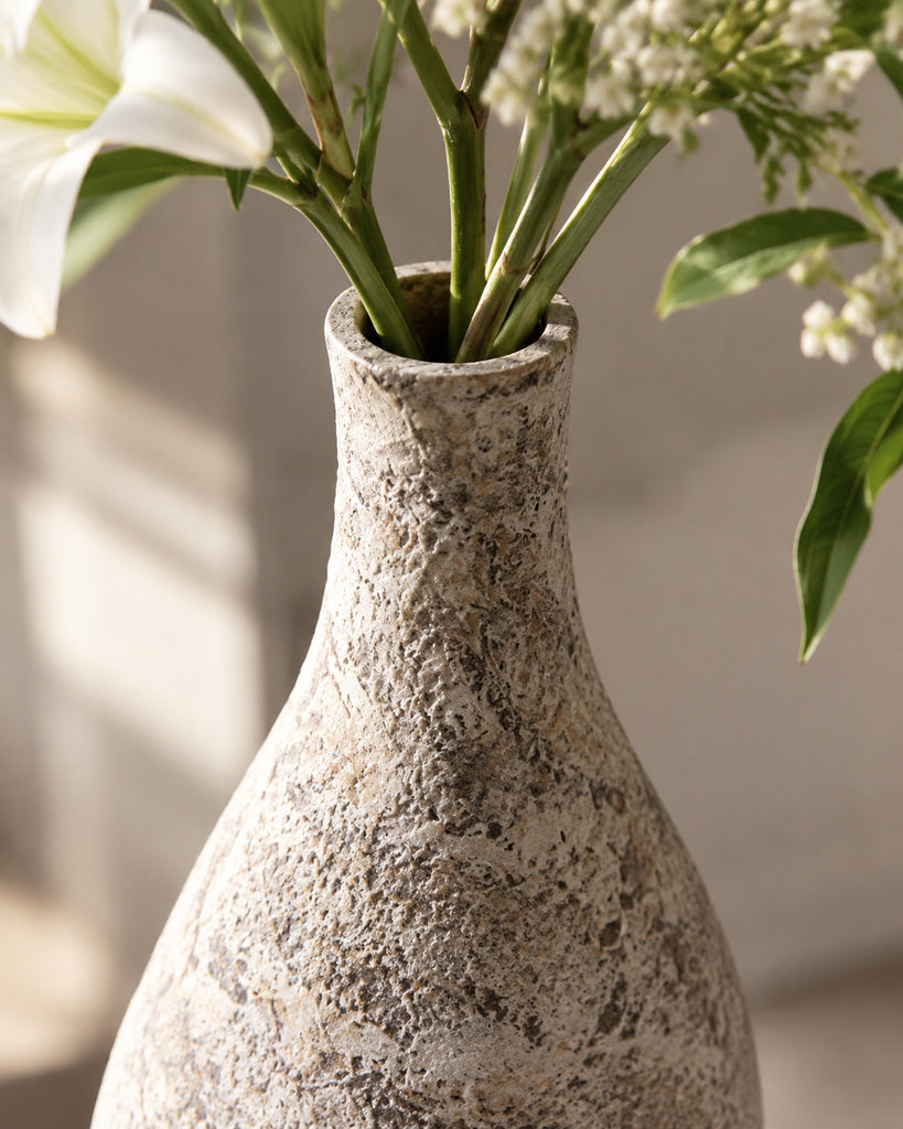 Weathered Gray Tall Stone-Textured Sculptural Vase - 15.4"
